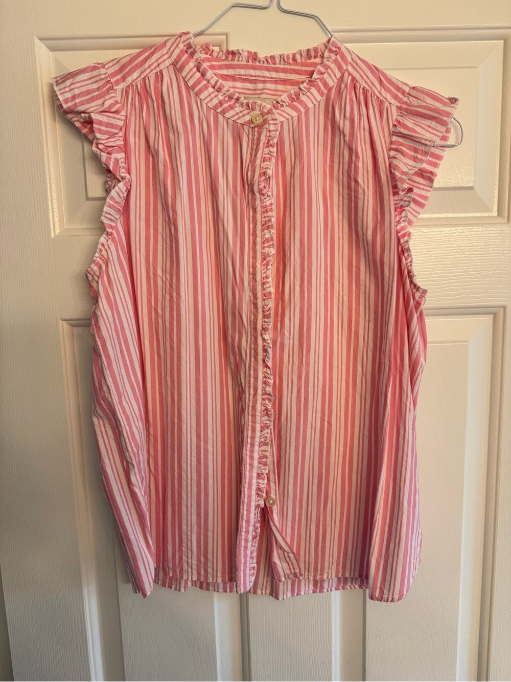 LOFT Pink and White Striped Ruffle-Trim Blouse